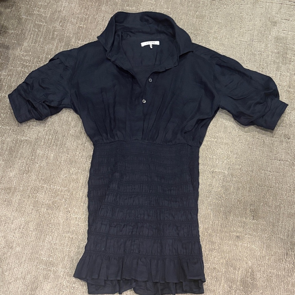 Frame Navy Smocked Waist Polo Dress